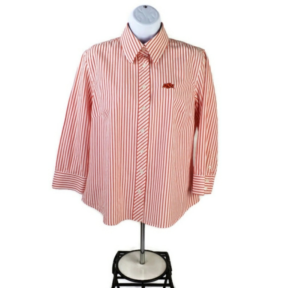 Colony Sportswear Orange Stripe Button Up 3/4 Sleeve OSU Patch Shirt Womens L